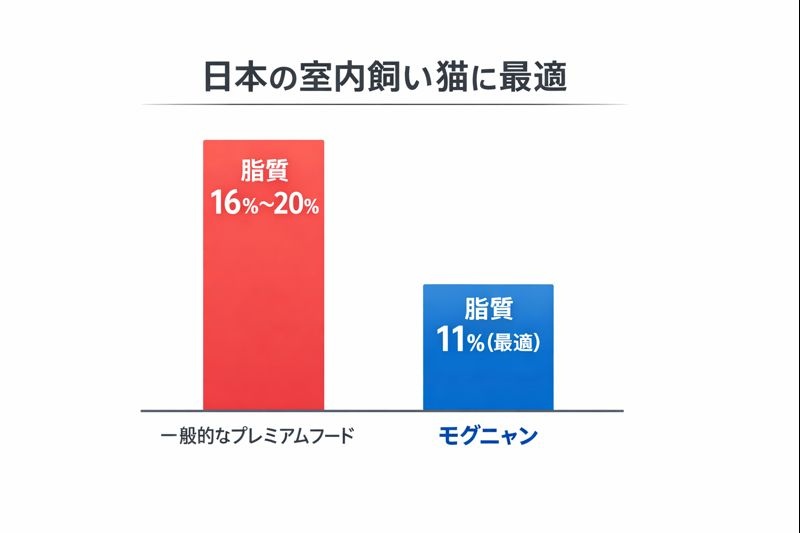 一般的なプレミアムキャットフードの脂質が約18%であるのに対し、モグニャンは脂質11%と低く抑えられている比較グラフ。