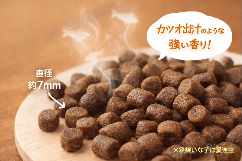 モグニャンの小粒なキブル(粒)のアップ写真。色は濃い茶色