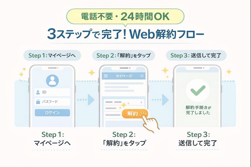 モグニャンのマイページにおける解約手順を示した3ステップのフロー図
